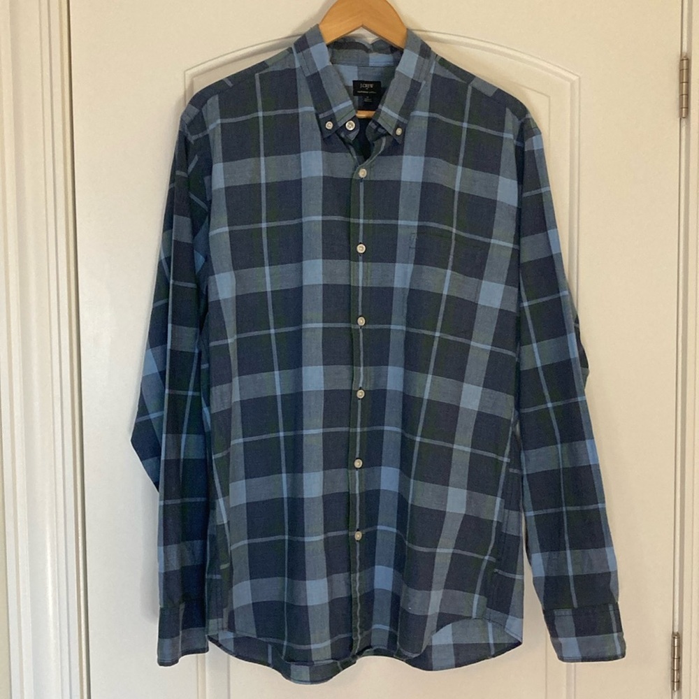 J. Crew Men's Heathered Cotton Blue Green Plaid Long Sleeved Shirt Size XL